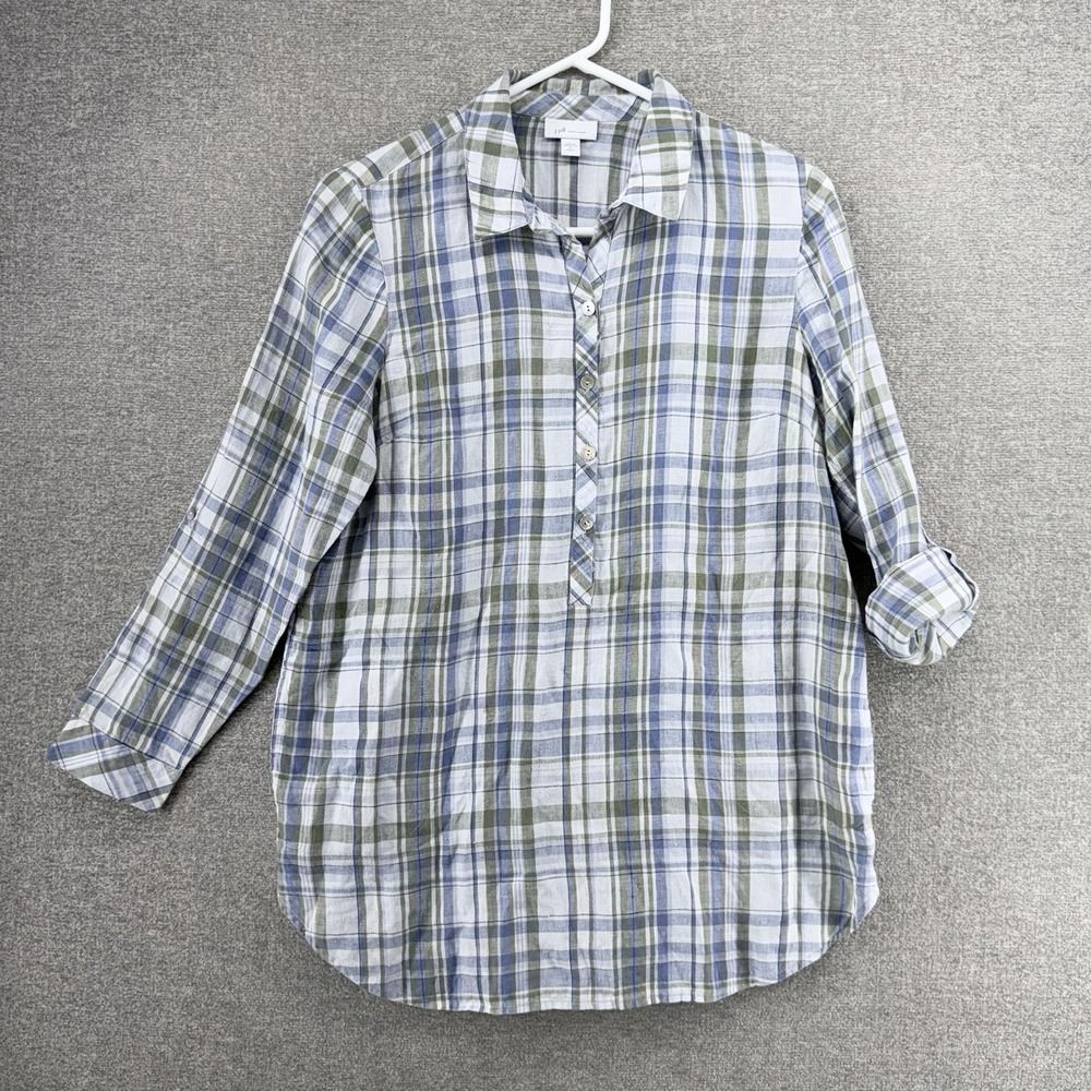J Jill Love Linen Tunic Top Women Size Small Petite Blue Green Plaid Cottage